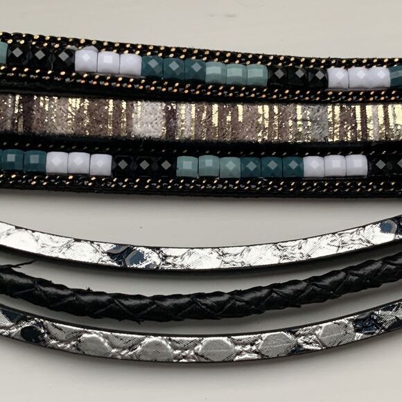 Black & White Multi-Strand Leather Beaded Boho Cuff Bracelet, Magnetic Clasp - Picture 6 of 9